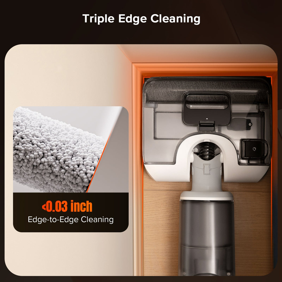 Roborock wet and dry vacuum dock showing triple edge cleaning brush area