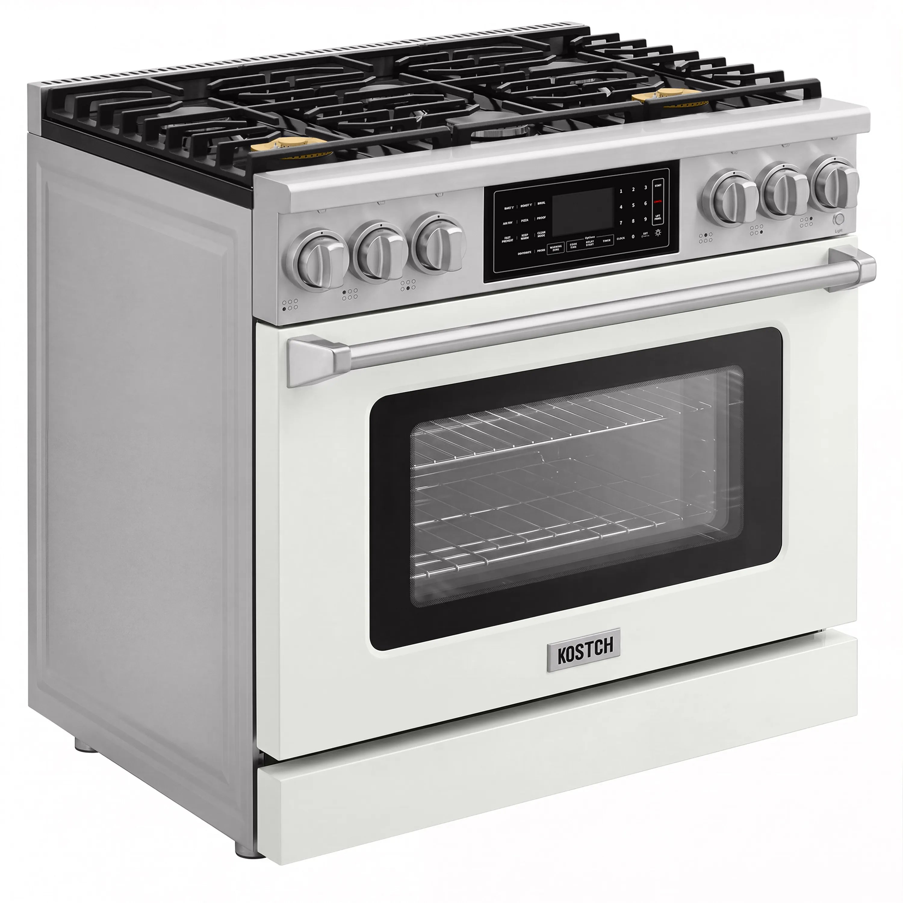 White gas range with control knobs, digital display, and oven door window