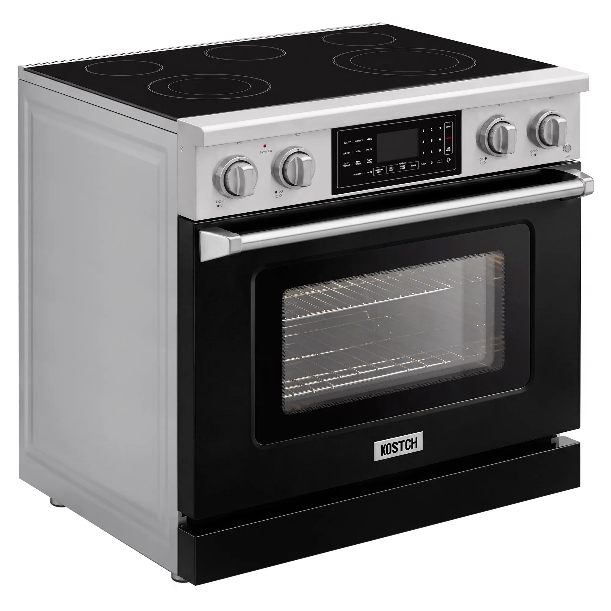 White electric range with glass oven door, four coil burners, touchscreen and knobs