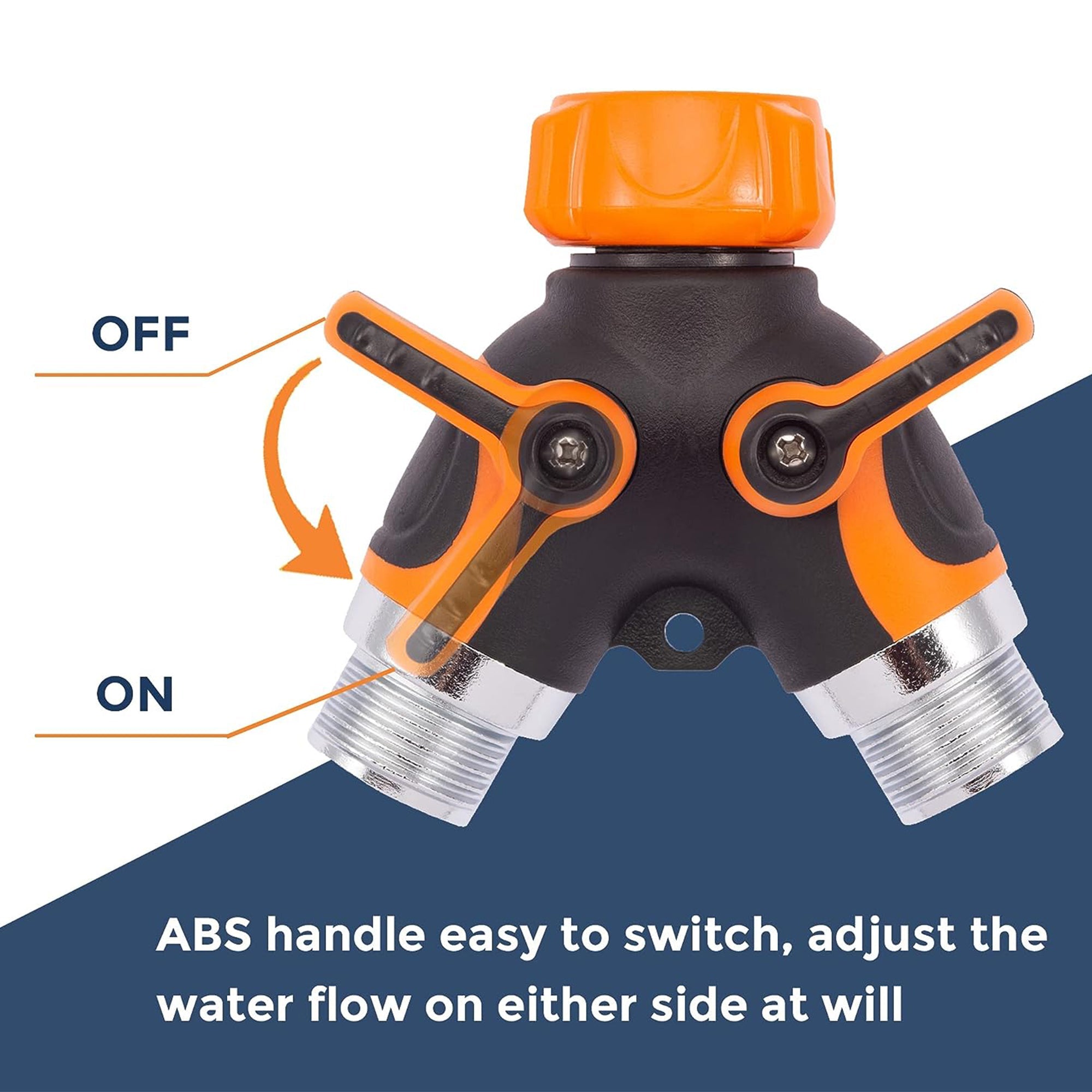 Metal water hose splitter with orange levers and two silver threaded connector ends