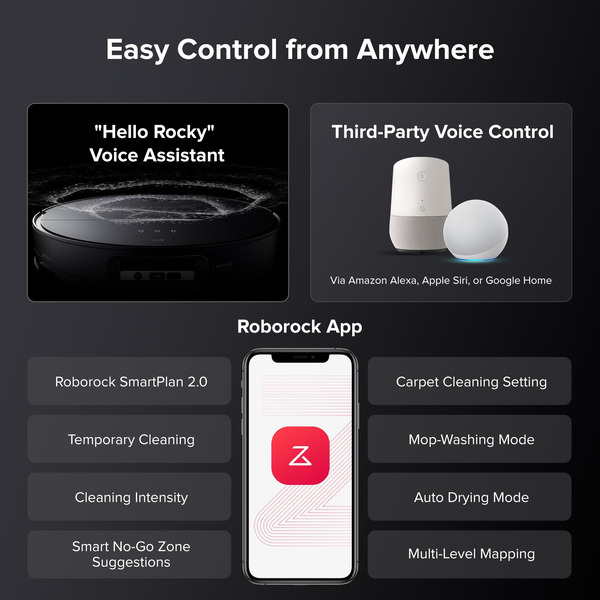 Roborock app control phone mockup with smart cleaning modes for robot vacuum