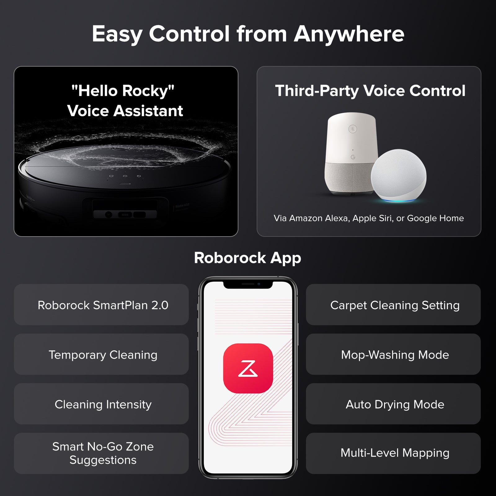 Roborock robot vacuum with mobile app interface for cleaning modes and scheduling controls.