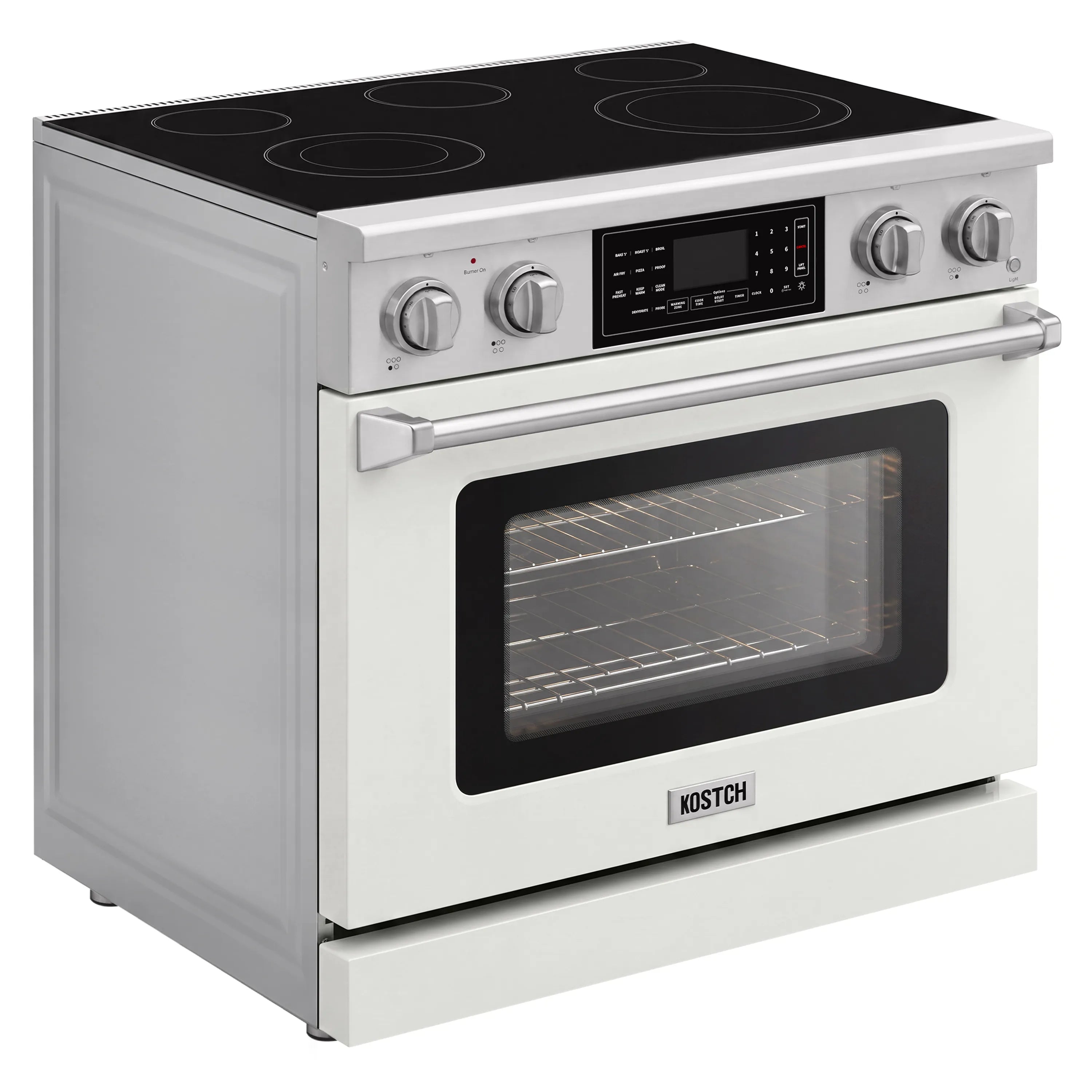 36-inch electric range with five coil burners and large oven glass window