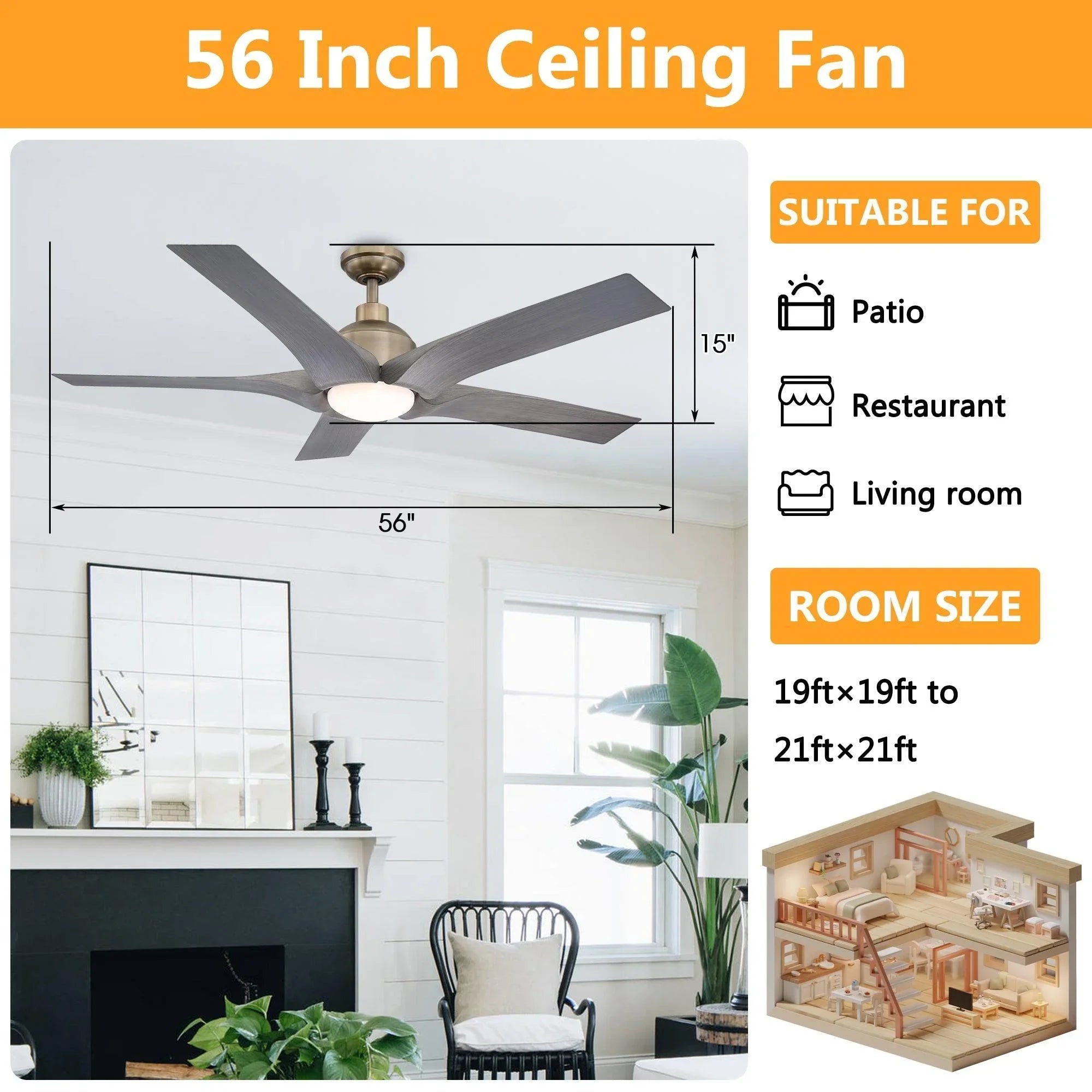 56-inch ceiling fan with light, 5-blade reversible design, oil-rubbed bronze mount