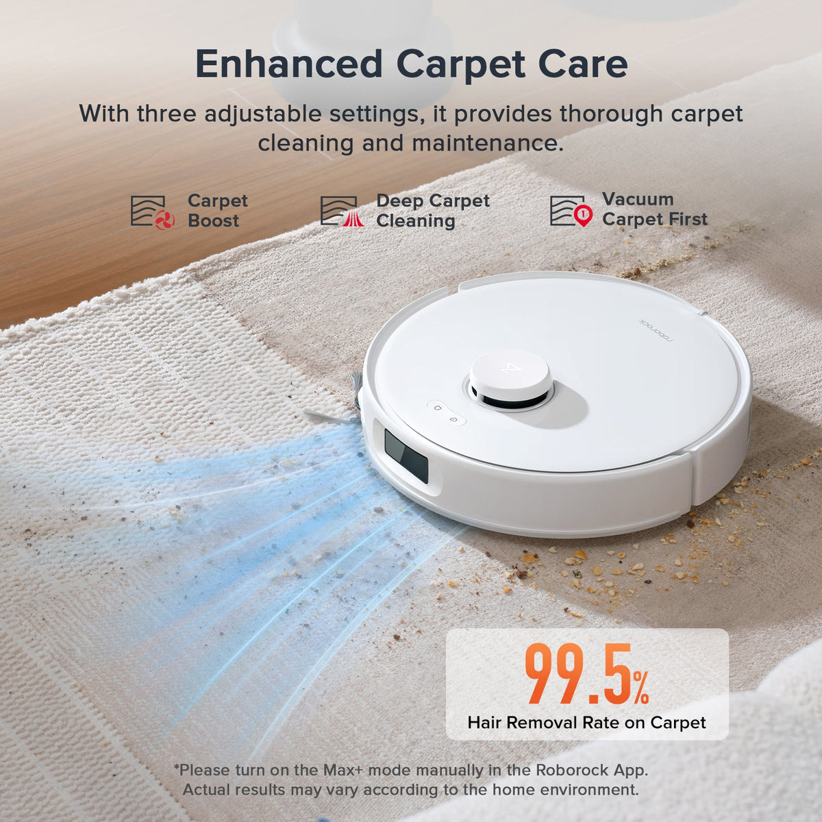 White robot vacuum cleaning a carpet edge with airflow and carpet-care design