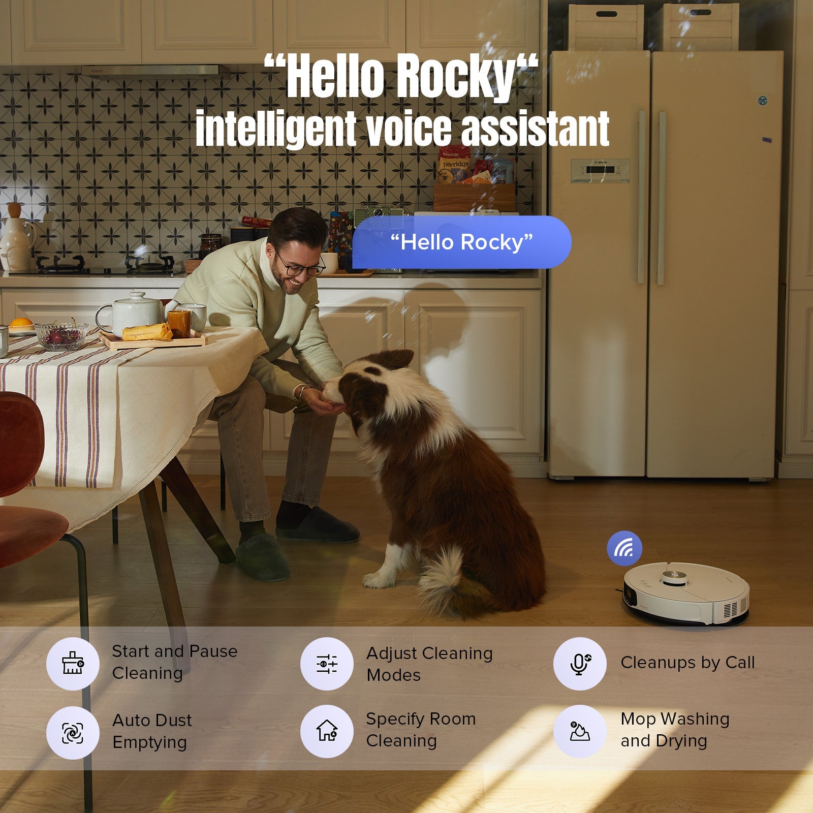 Robot vacuum near a dog and person, compact white device on wood floor