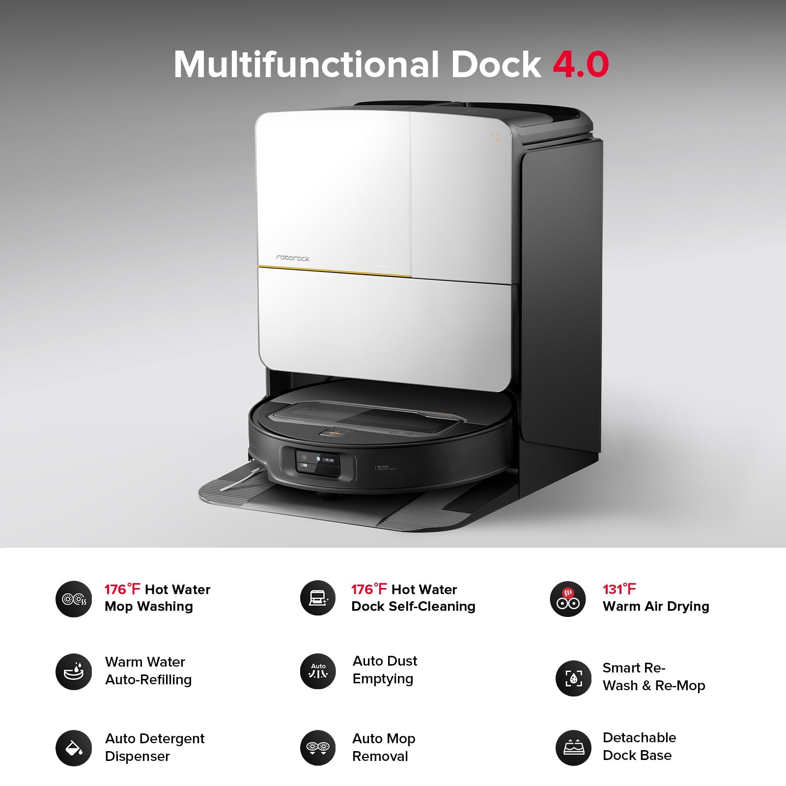 Robot vacuum at a white multifunction charging dock with front cleaning platform