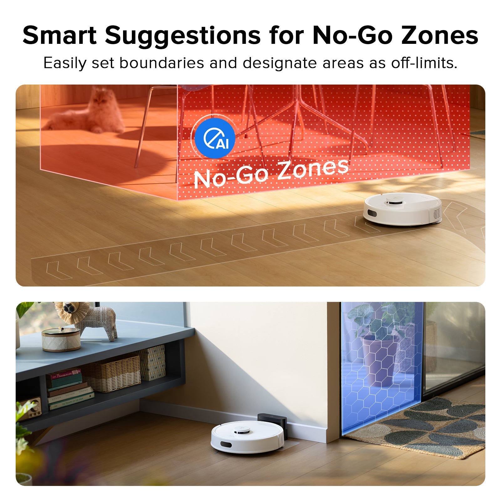 White robot vacuum on floor near furniture with no-go zone boundary graphic