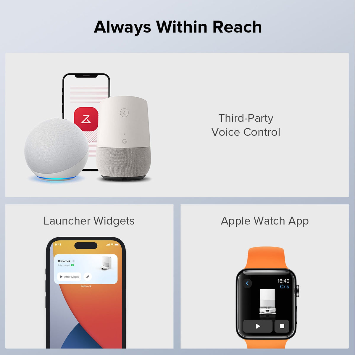 Robot vacuum smart home compatibility with voice control devices shown