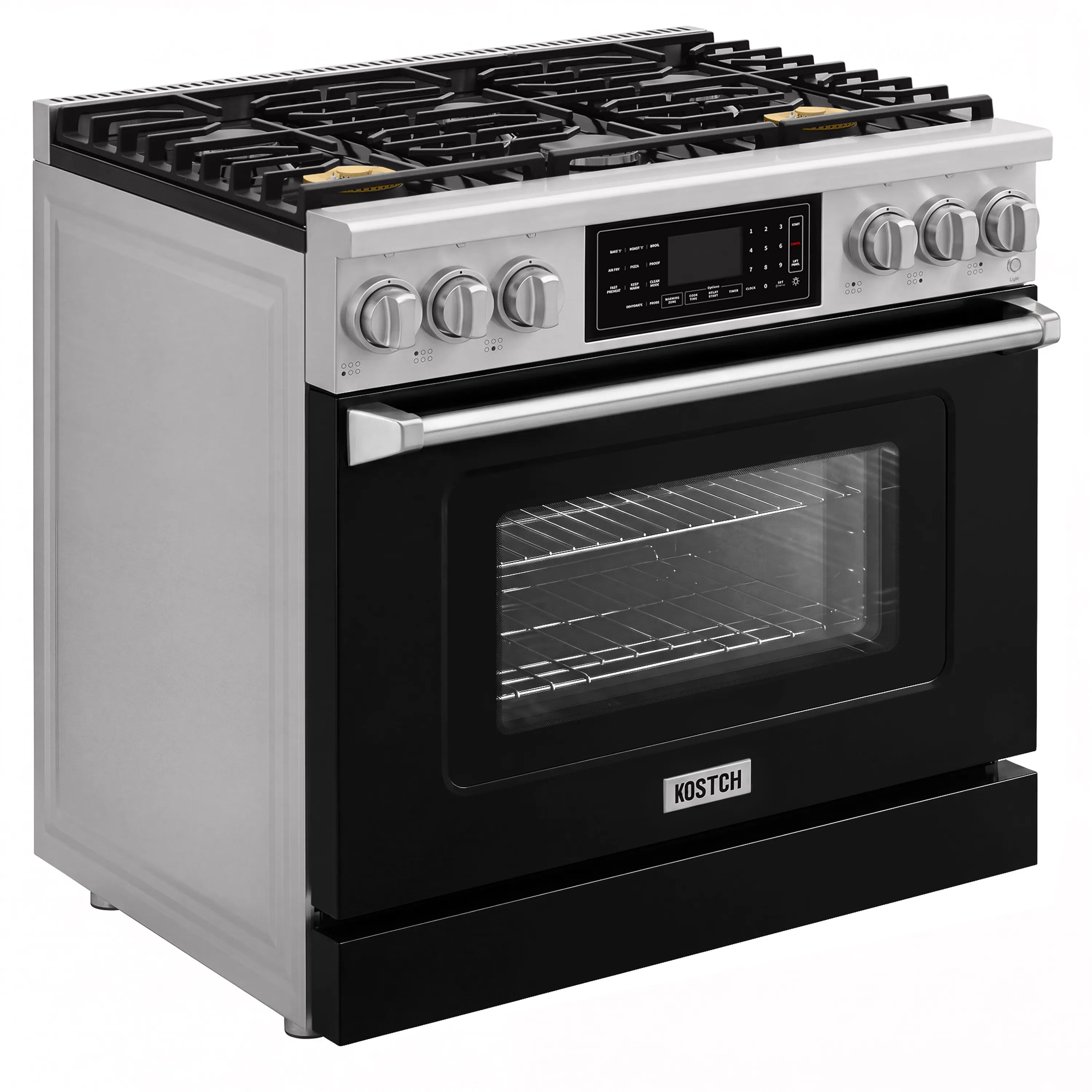 Black and stainless gas range with six burners and convection oven door window