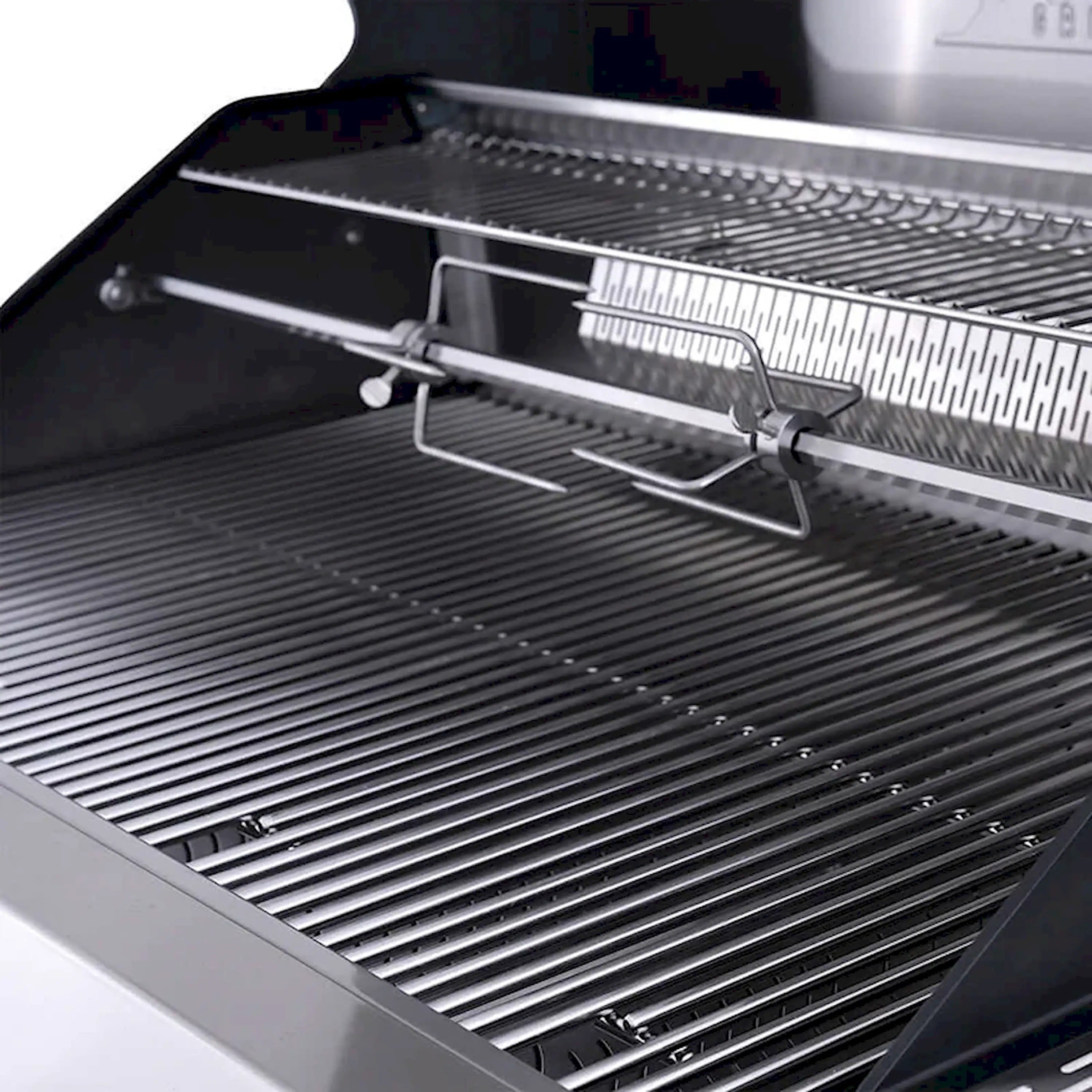Stainless steel gas grill firebox with cast-iron style flavor bars and tools