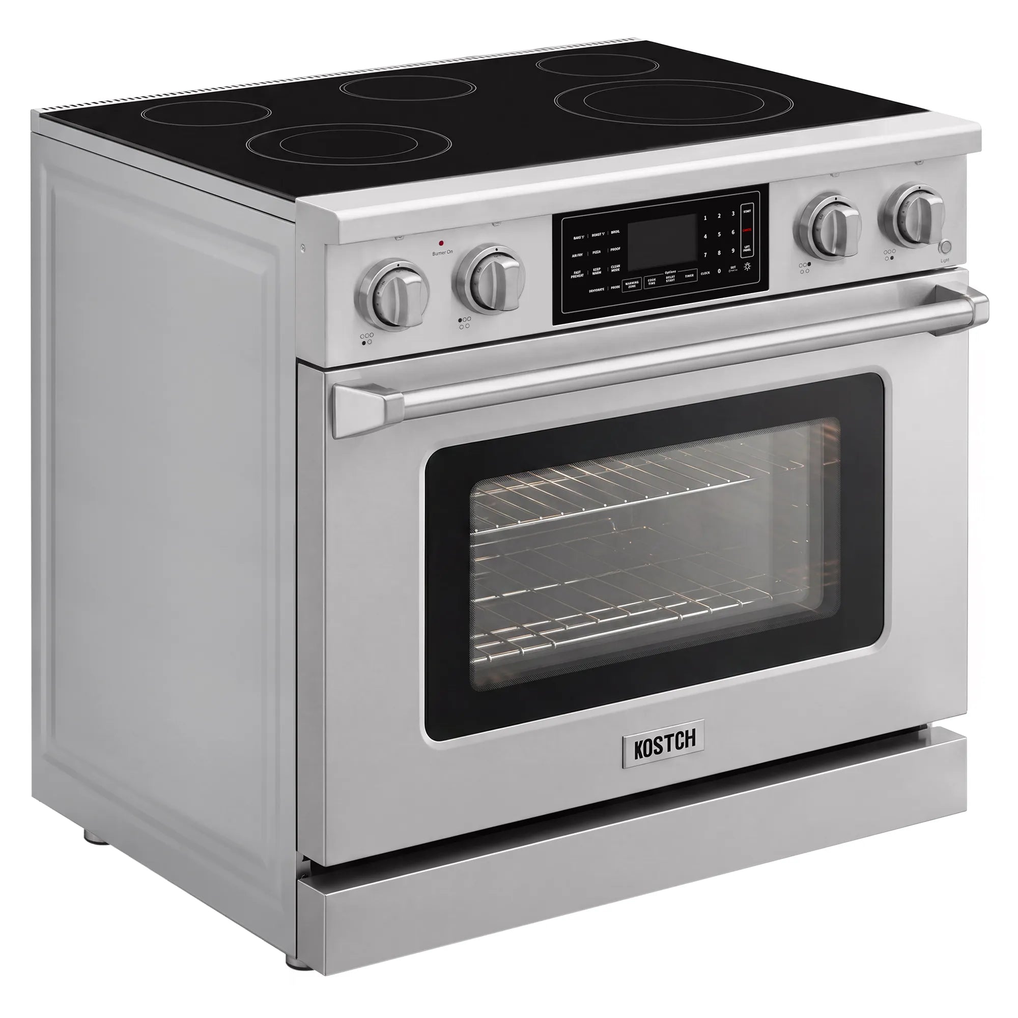 Stainless steel freestanding electric range with black glass cooktop and viewing window oven