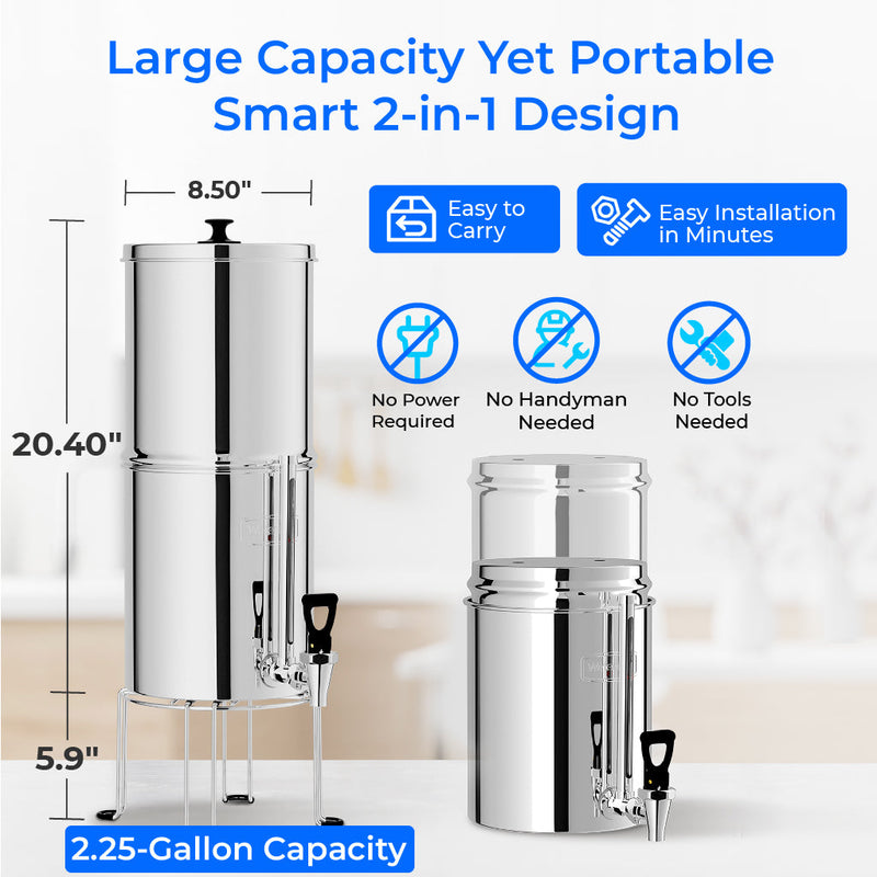Waterdrop Gravity-fed Water Filter System, NSF/ANSI 42&372 Standard, 2.25G Stainless-Steel System with 2 Filters, Sight Glass Spigot and Stand, Reduces Chlorine and Lead-King Tank Series