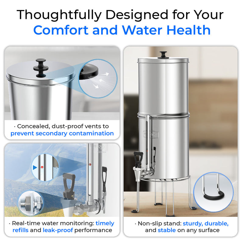 Waterdrop Gravity-fed Water Filter System, NSF/ANSI 42&372 Standard, 2.25G Stainless-Steel System with 2 Filters, Sight Glass Spigot and Stand, Reduces Chlorine and Lead-King Tank Series
