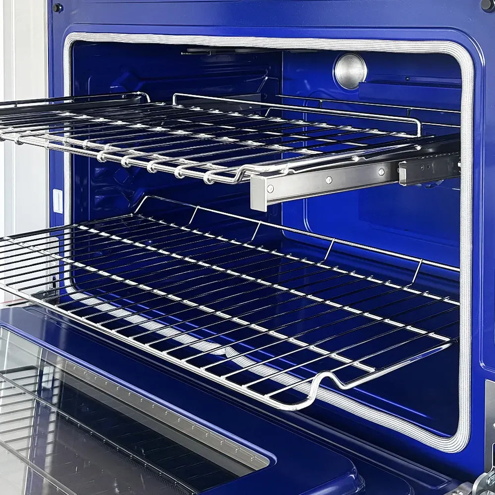 Blue oven interior with multiple racks and heating elements