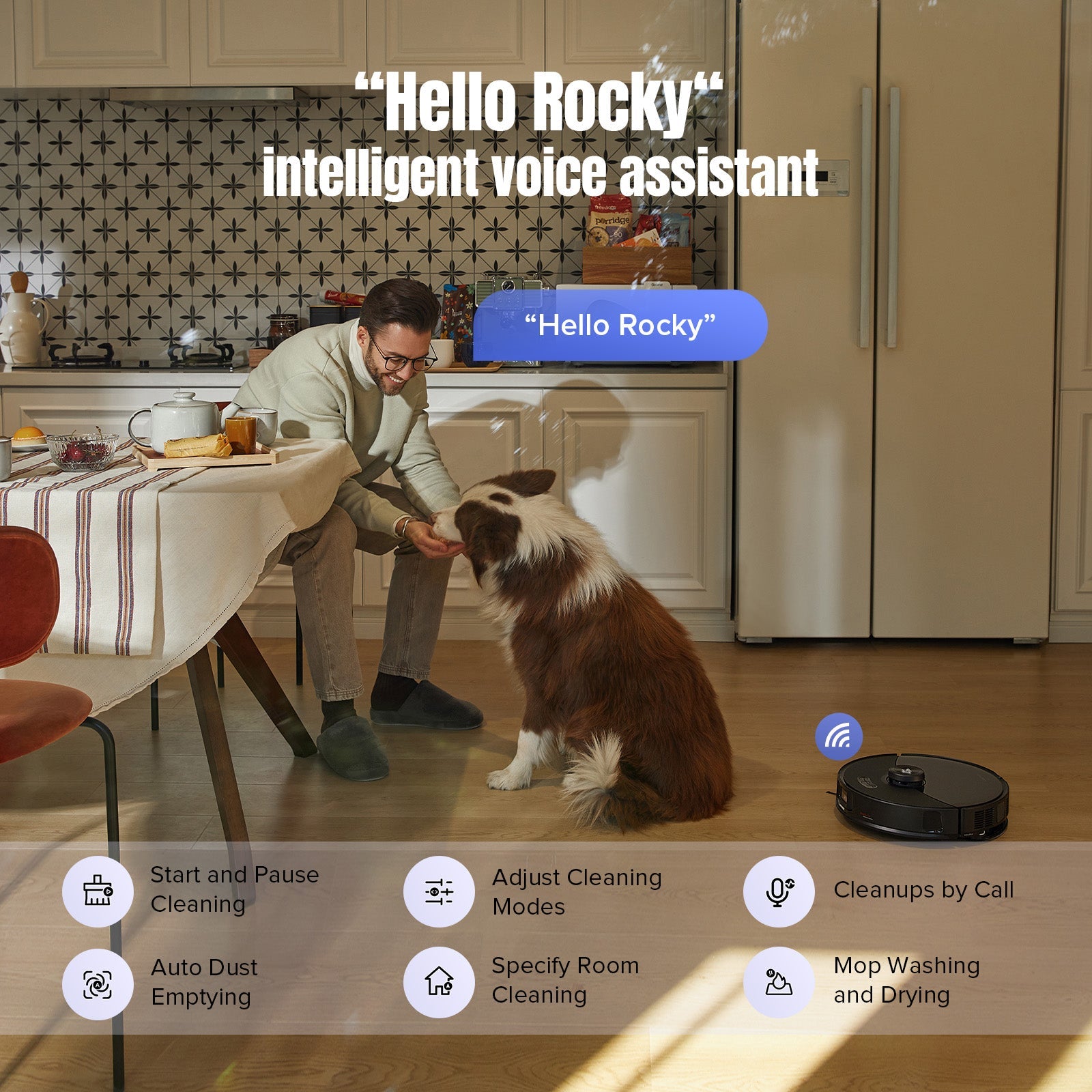Robot vacuum near a dog on a kitchen floor with control icons on screen