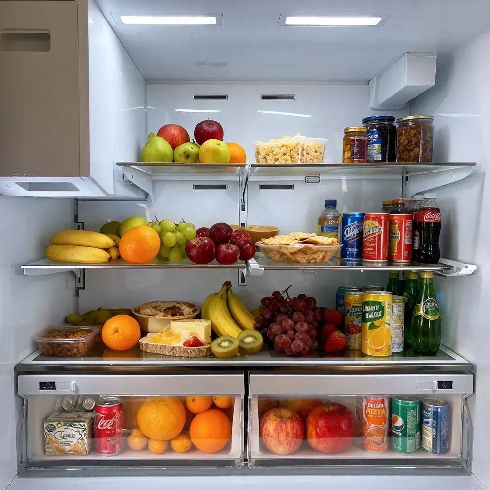 Refrigerator interior with fruit, condiments, and boxed food on glass shelves