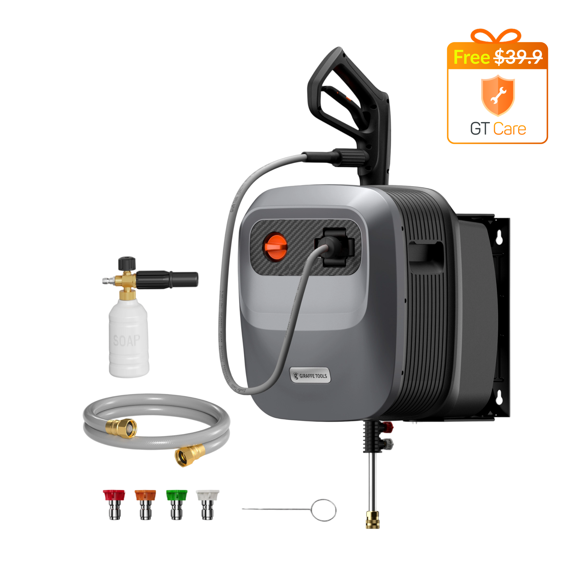 Wall-mounted retractable pressure washer kit with hose, spray gun, and multiple quick-connect nozzles