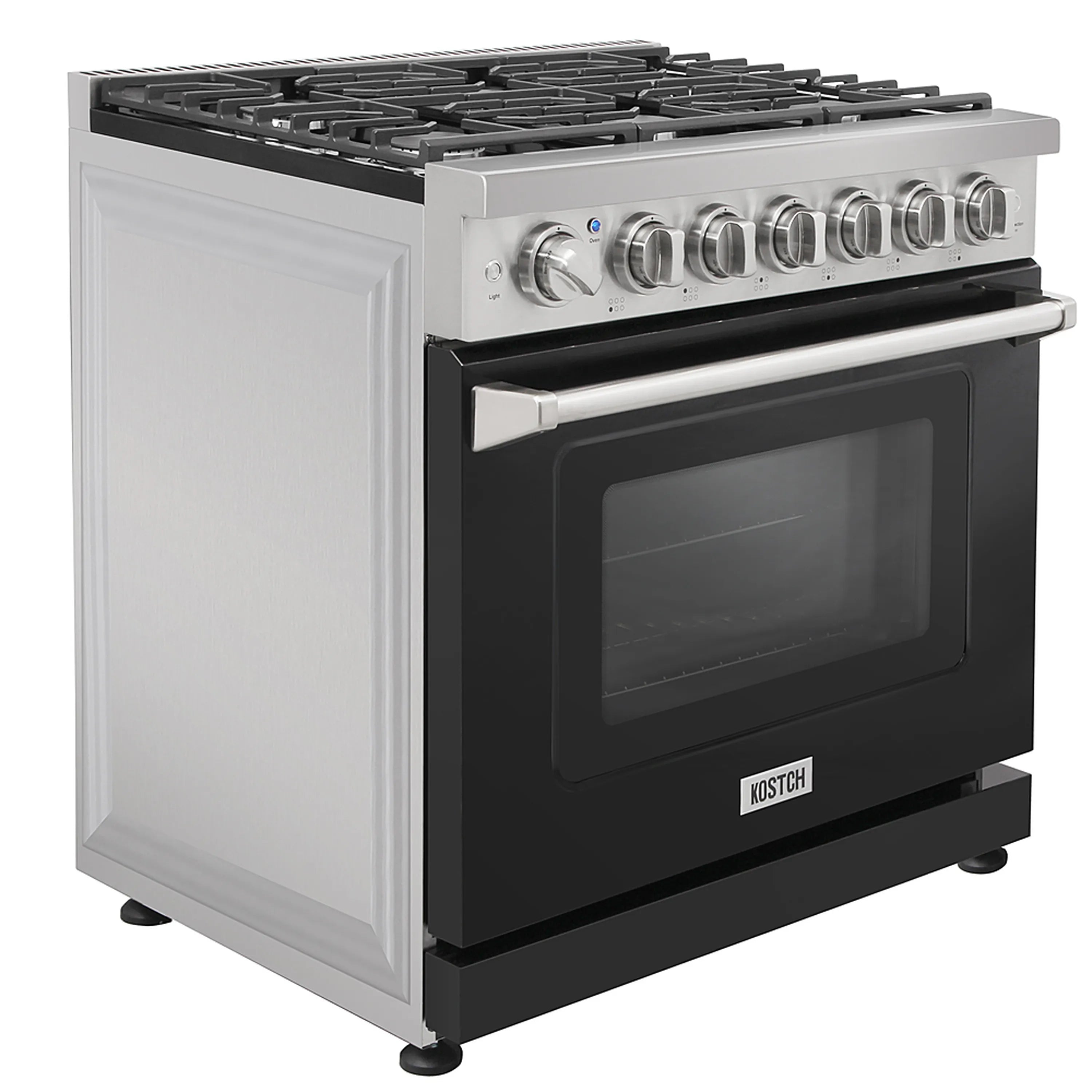 36-inch propane gas range with oven door closed and 6 burner controls.
