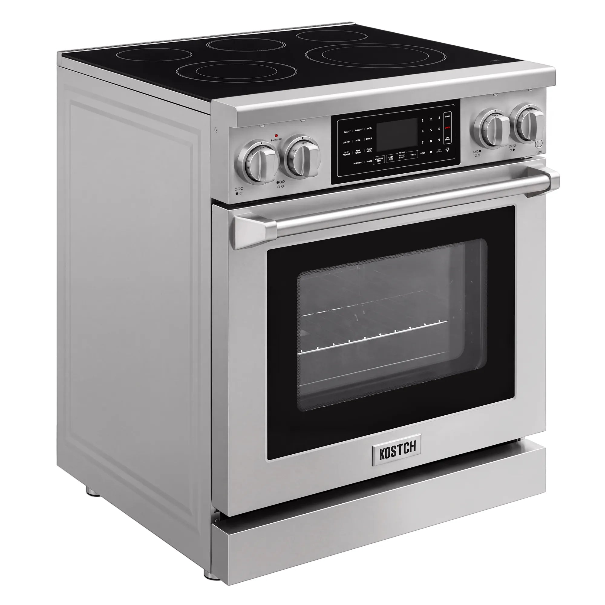 Stainless electric range with black glass cooktop and windowed oven door