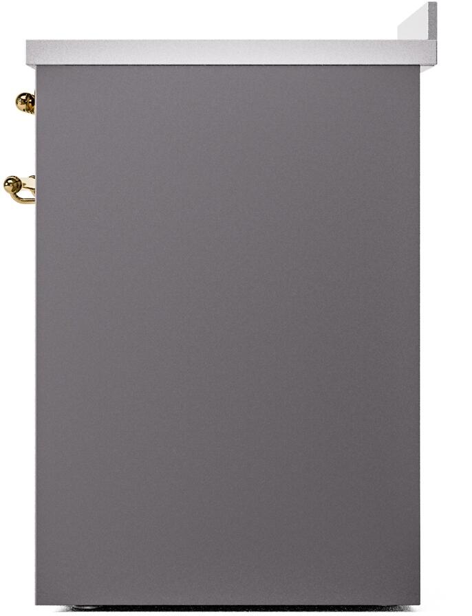 Matte graphite range side panel with visible brass handle hardware