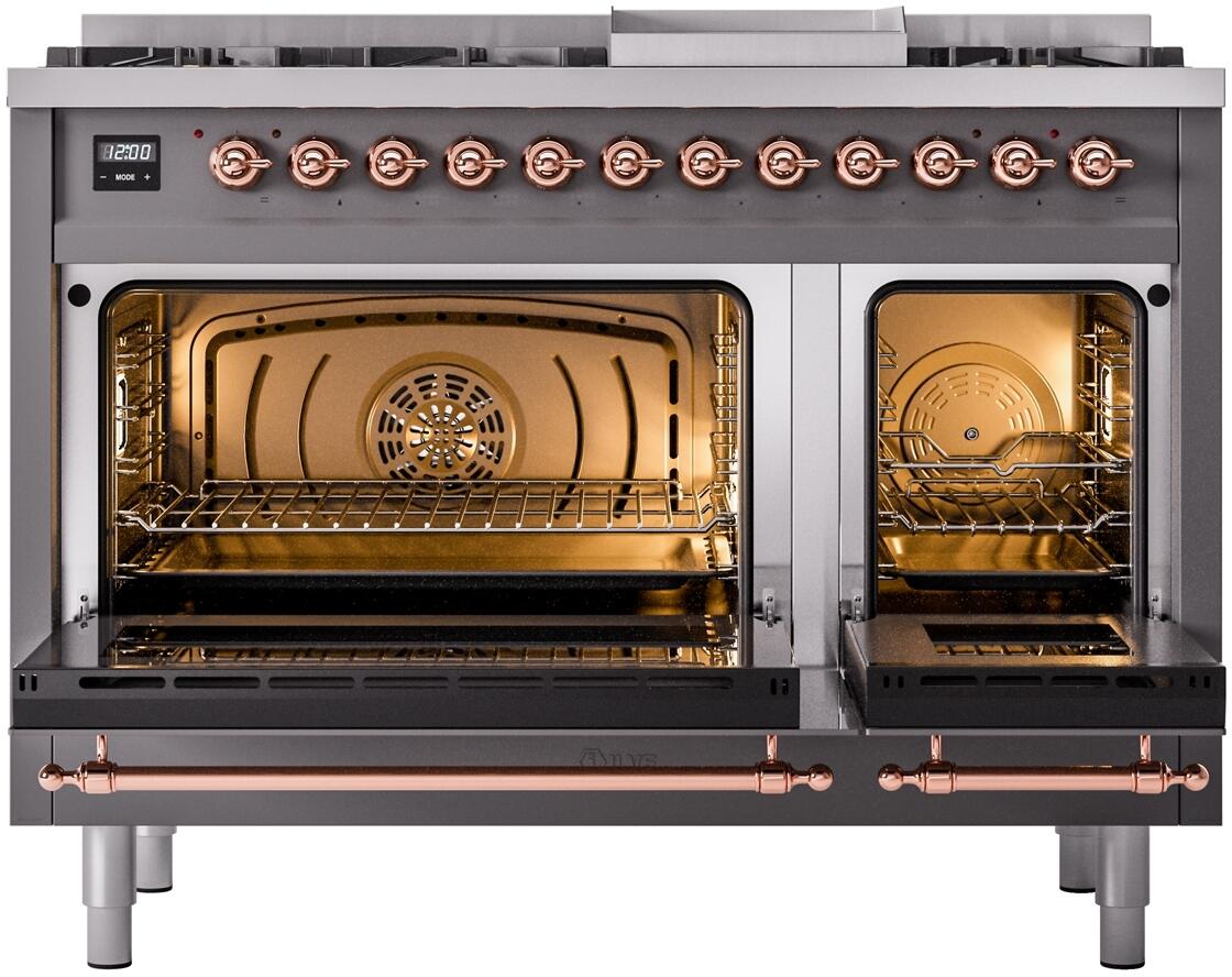ILVE oven range with both oven doors open; illuminated stainless interiors and copper pull handles