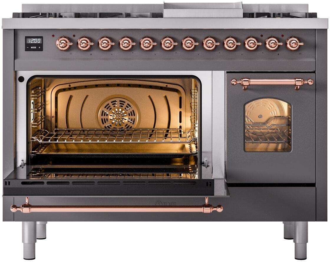 ILVE range with left oven open showing racks; matte graphite exterior with copper handle bar