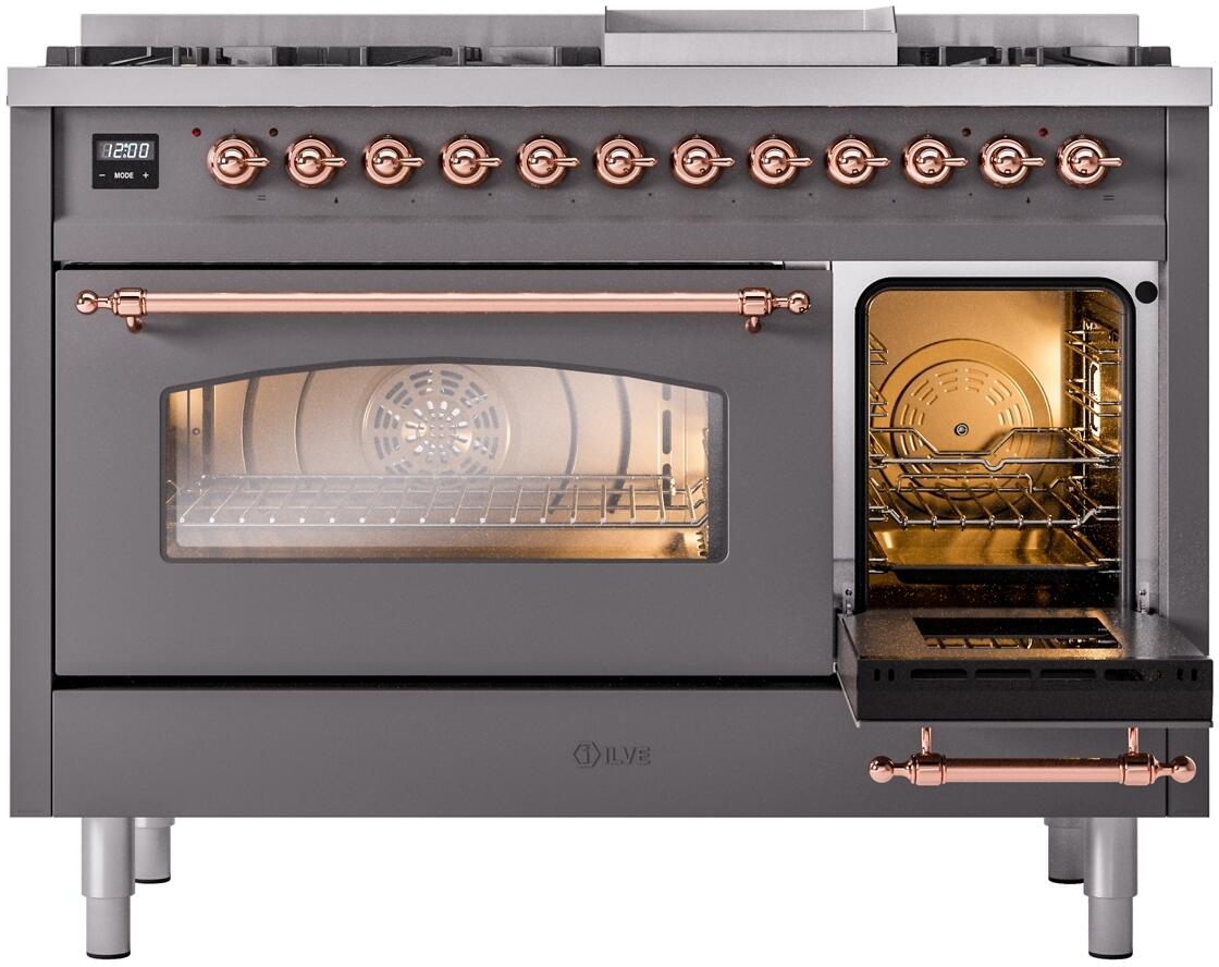 ILVE range with one oven door open; copper handle, matte graphite body, lit oven interior