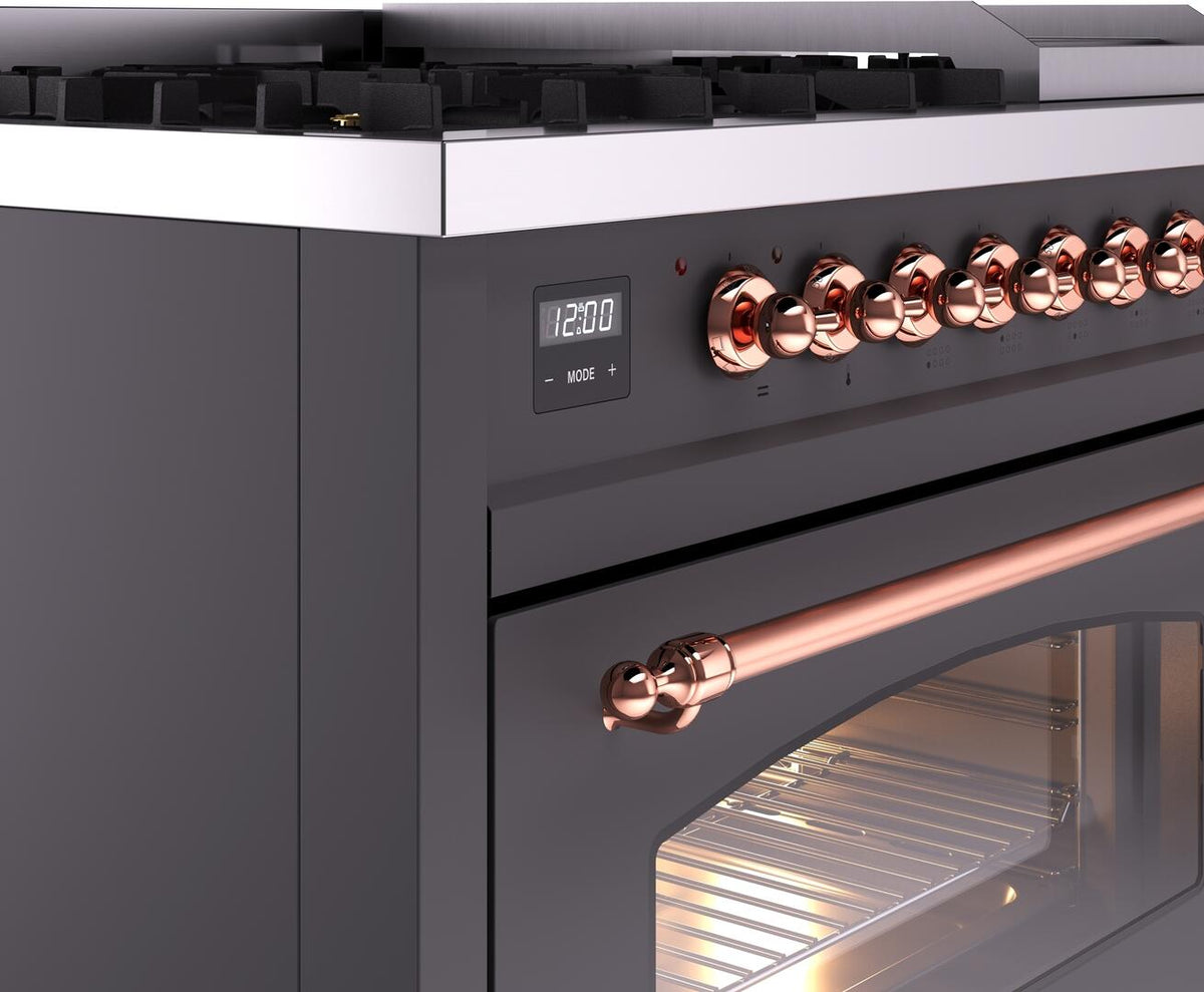 Matte graphite range control panel with digital display, copper knobs, and copper rail handle.