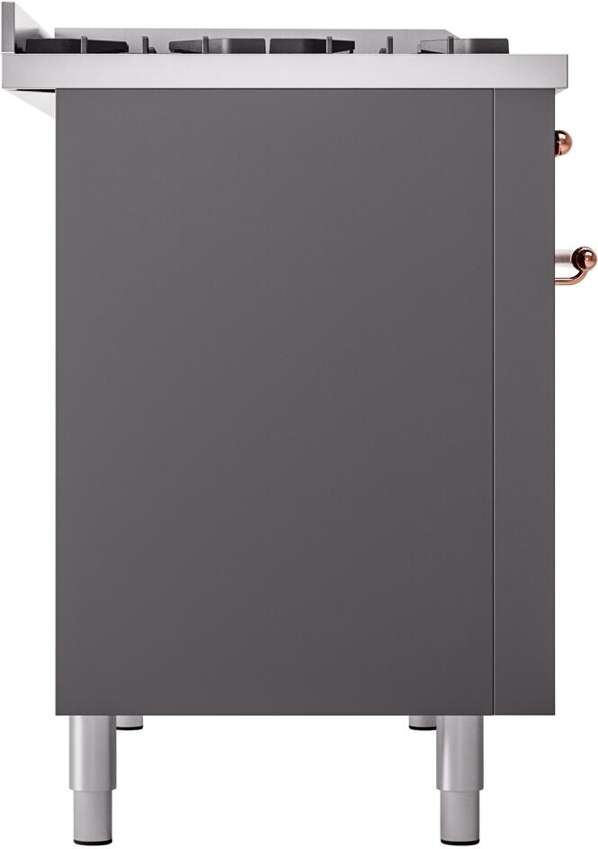 Matte graphite freestanding dual fuel range side panel with leveling feet and copper handle edge.