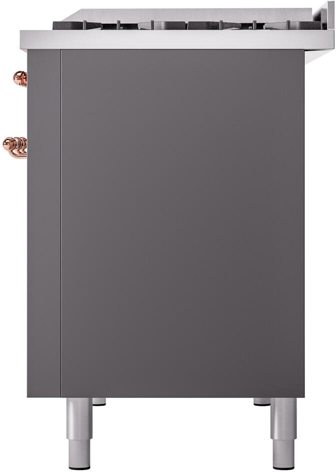 Matte graphite freestanding dual fuel range rear side panel with copper handle and leveling feet.