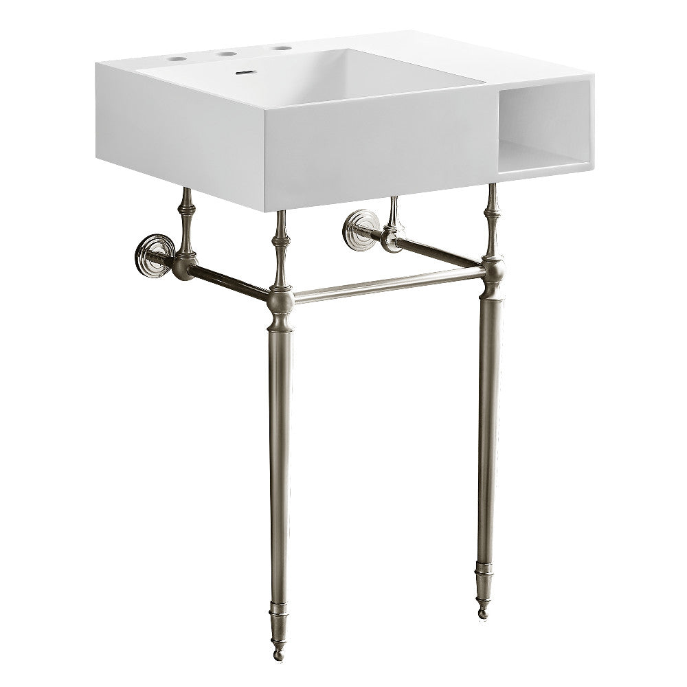 Matte white console sink with integrated shelf and polished brass legs, 3-hole deck
