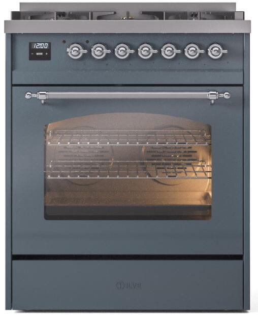 ILVE Nostalgie II 30-Inch Dual Fuel Freestanding Range in Blue Grey with Chrome Trim (UP30NMPBGC)