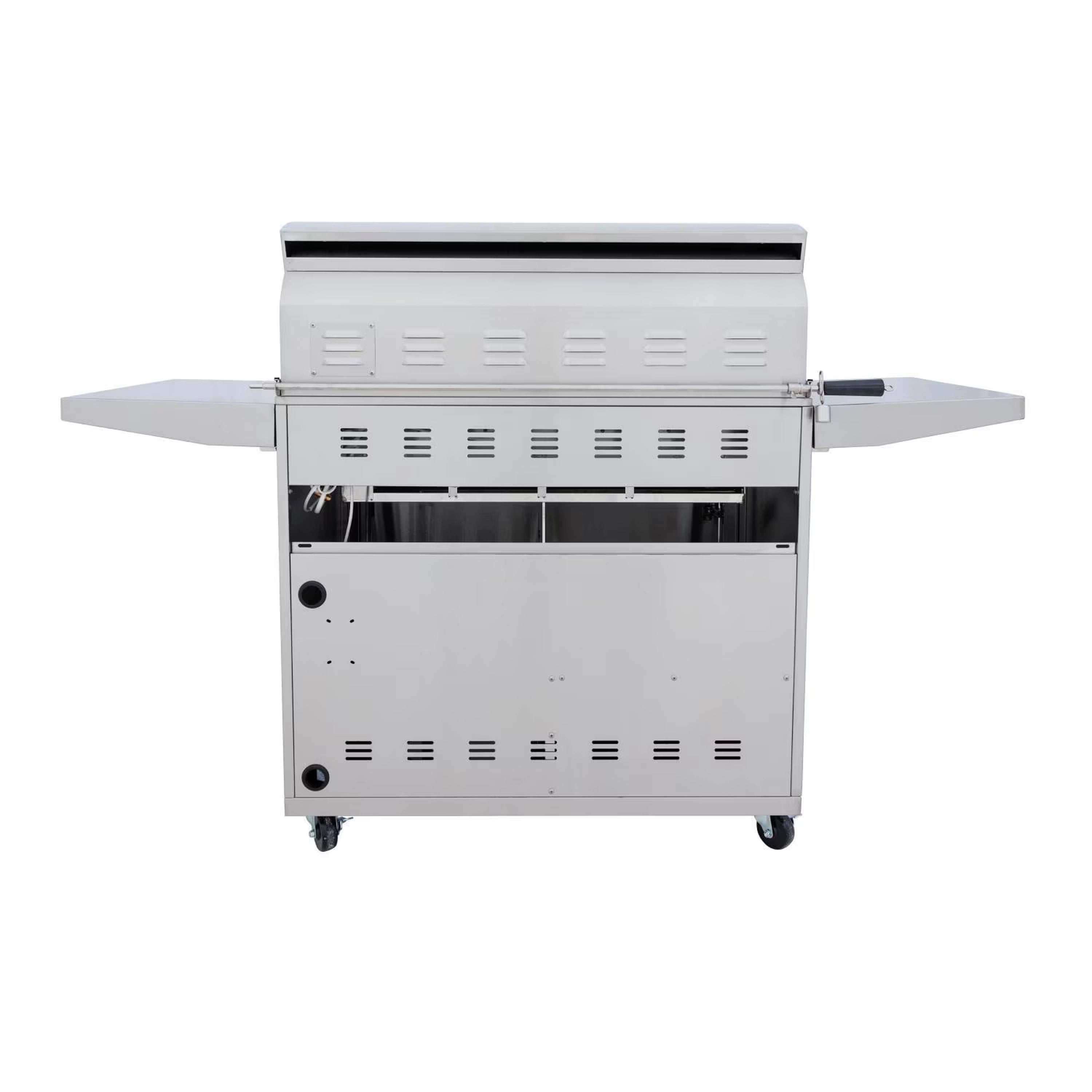 Stainless steel gas grill cart with side shelves and front panel doors on casters