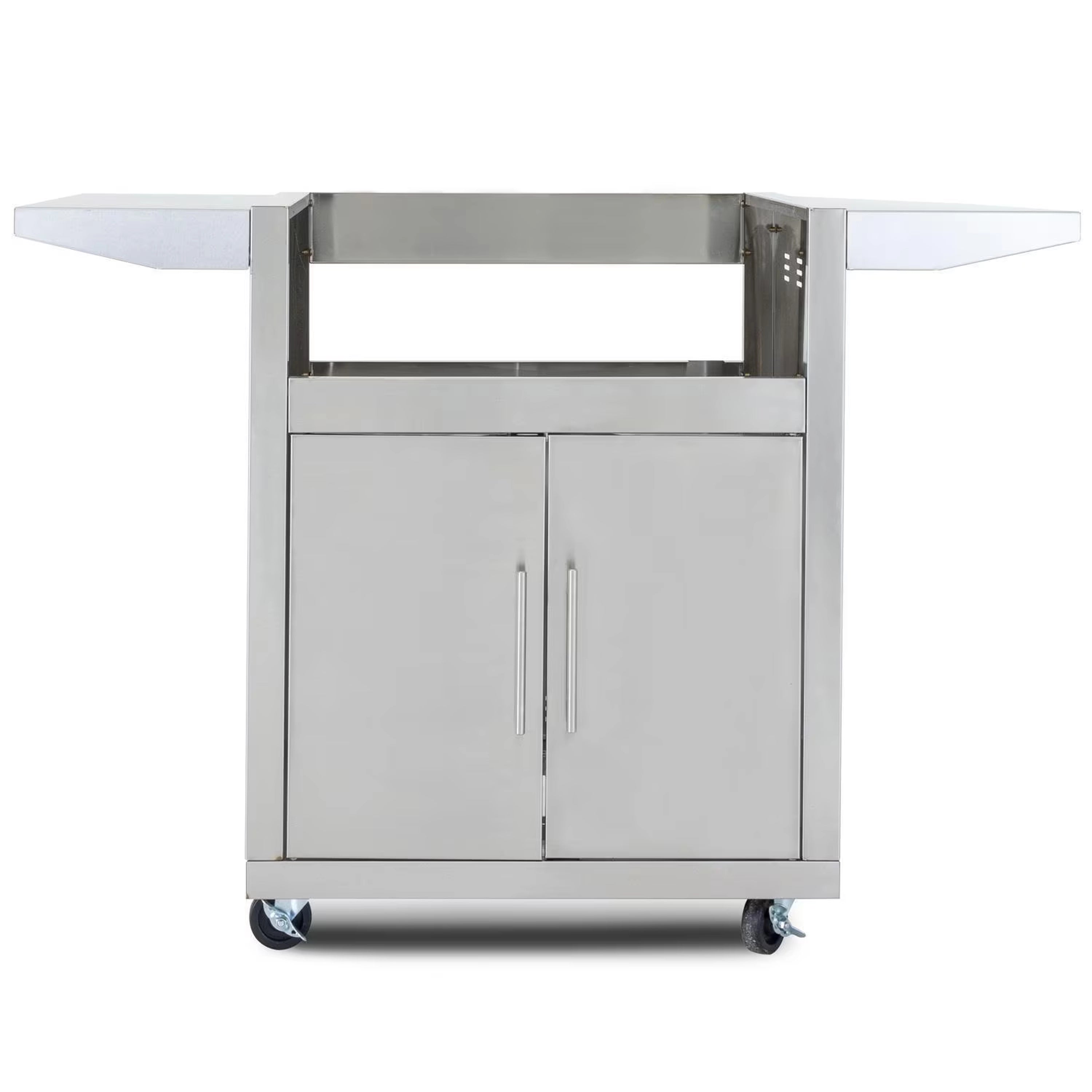 Wheeled cart cabinet for an outdoor gas pizza oven with two front storage doors