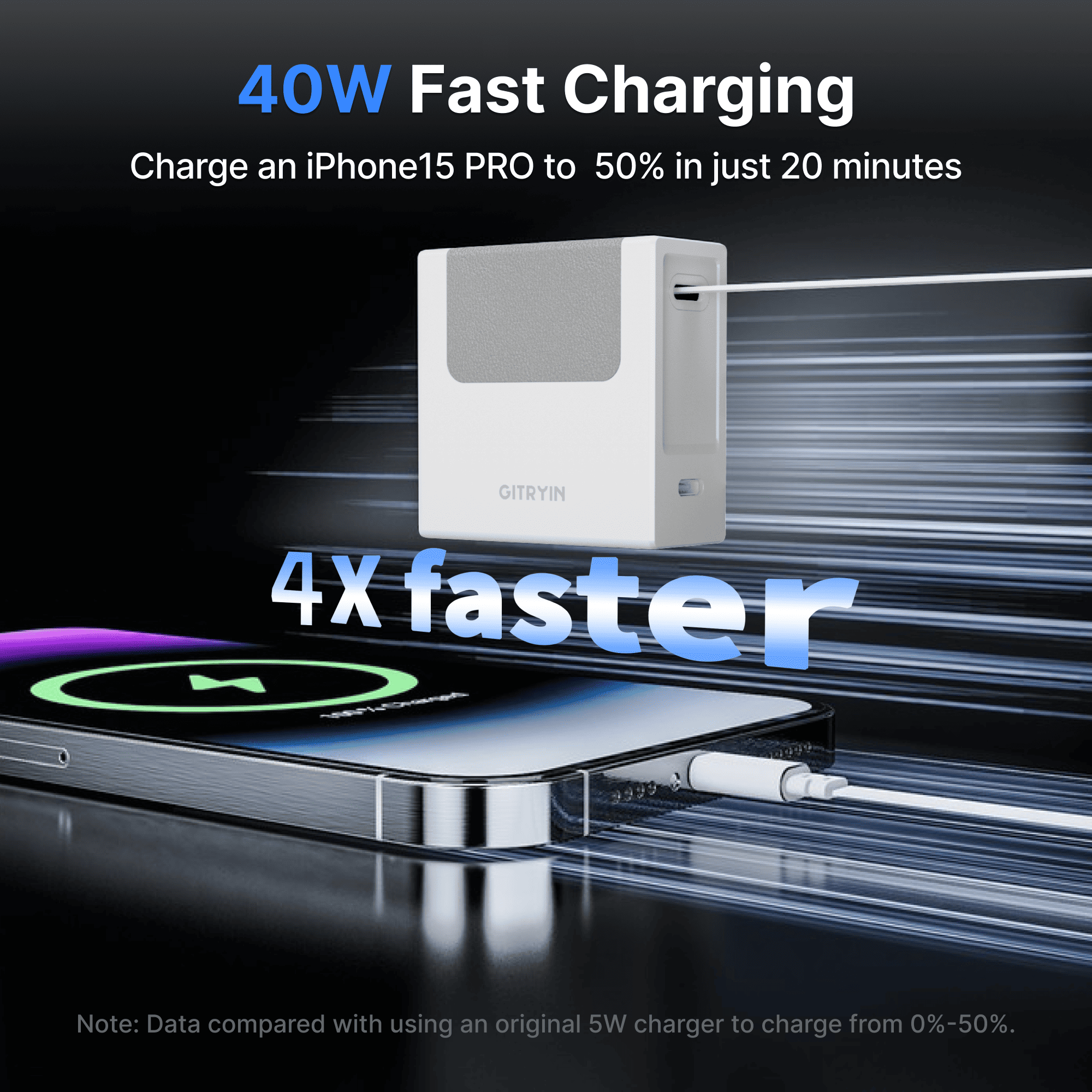 White GaN 40W fast-charging wall adapter with retractable cable