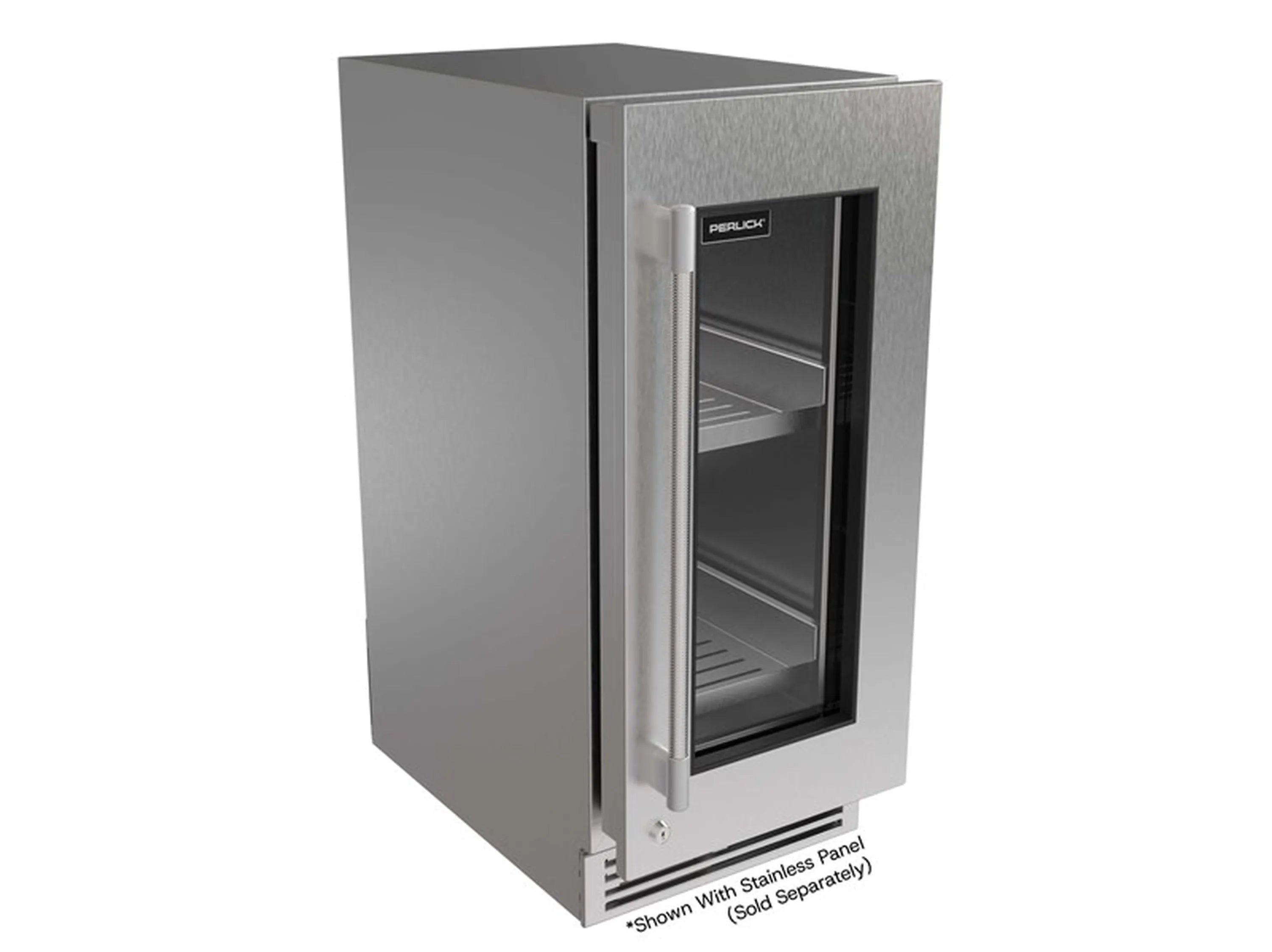 Stainless undercounter refrigerator with black glass door and interior shelves