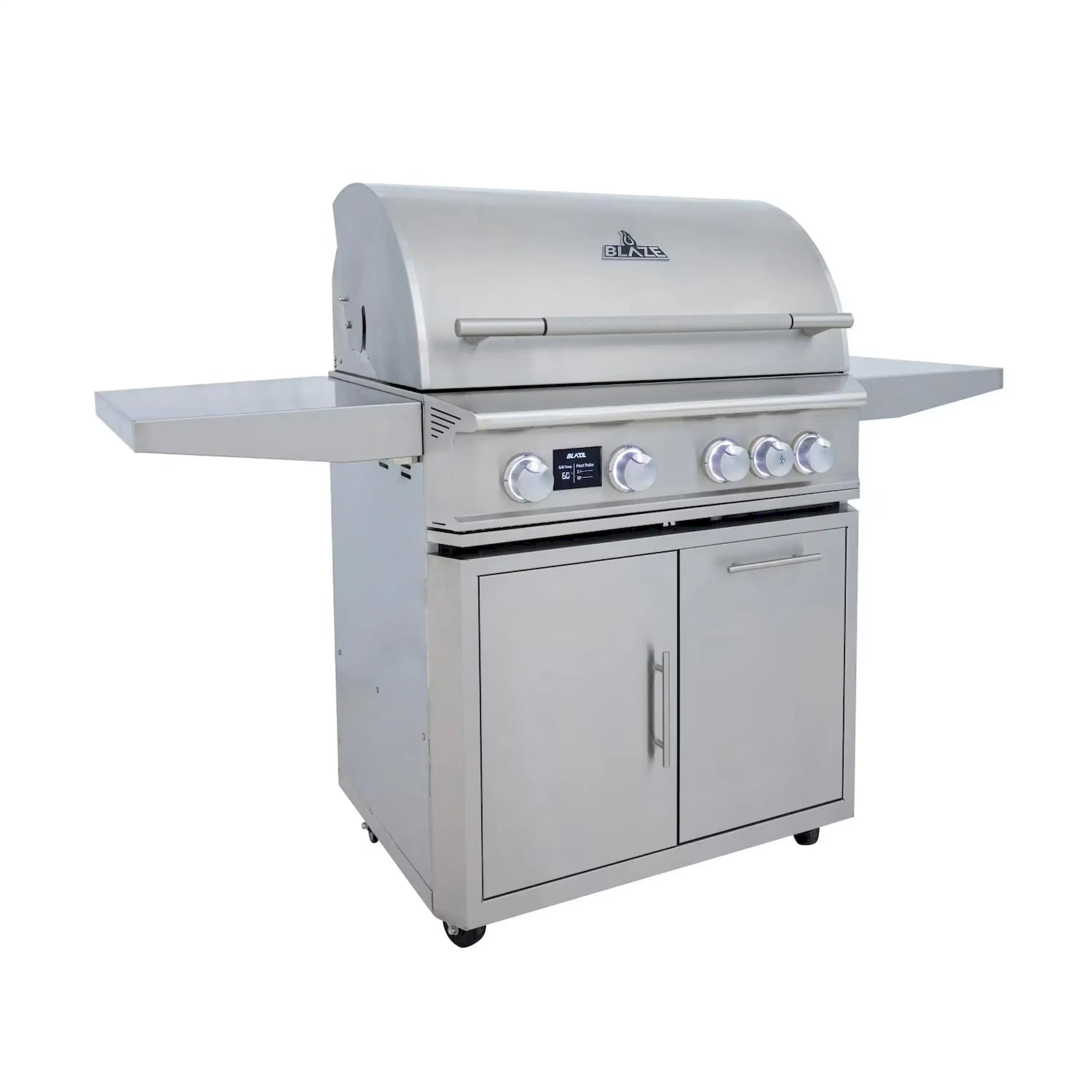 Stainless steel freestanding propane gas grill with closed lid and control knobs