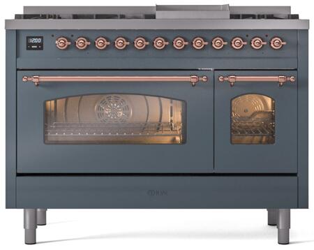 Blue grey dual fuel range front with lit left oven and smaller right oven window