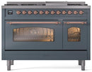 ILVE Nostalgie II 48-Inch Freestanding Natural Gas Dual Fuel Range in Blue Grey with Copper Trim (UP48FNMPBGP)