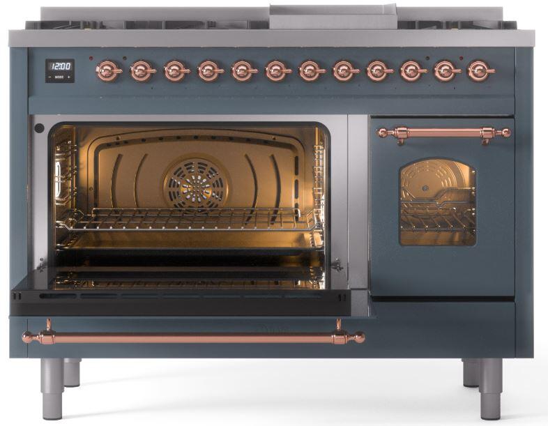 Freestanding dual-fuel range with blue-grey open oven doors and copper-trim details