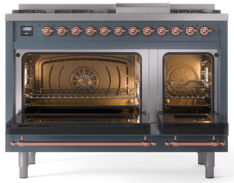 Blue grey dual fuel range with both oven doors open, showing two illuminated interiors