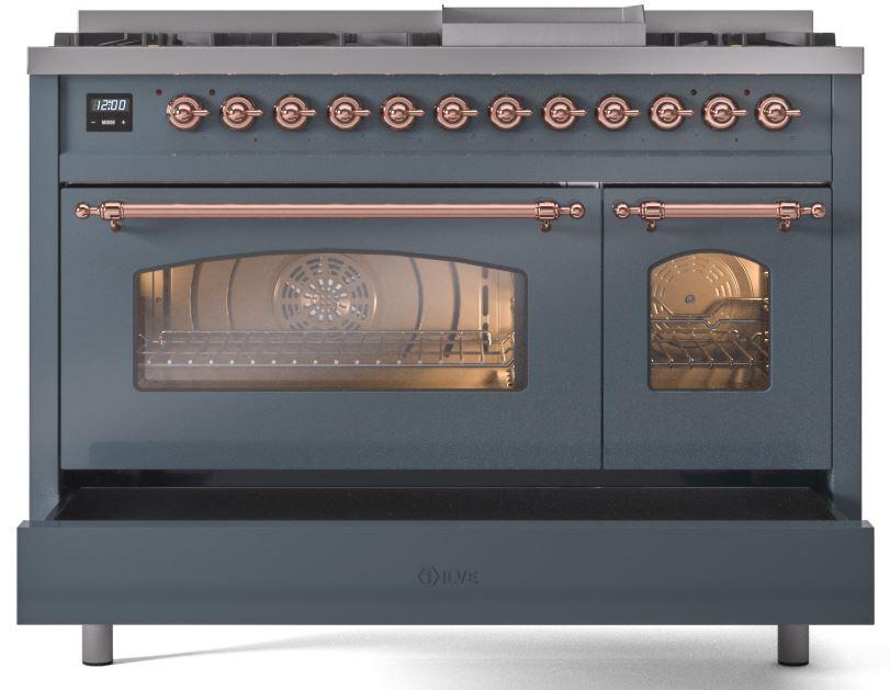 Blue grey dual fuel range front with two oven doors, copper accents, and lit windows