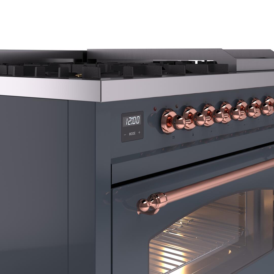 Freestanding dual-fuel range control knobs and digital display on blue-grey front