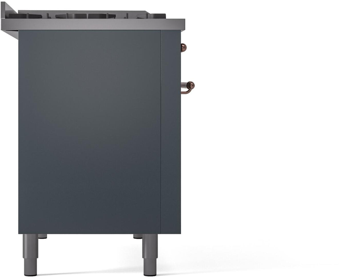 Blue grey freestanding dual fuel range side view with copper handle detail and legs