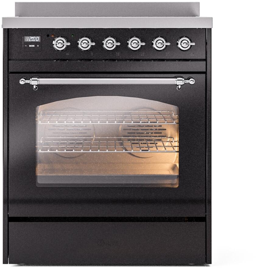 Freestanding electric induction range, glossy black with chrome-trimmed control panel and oven window