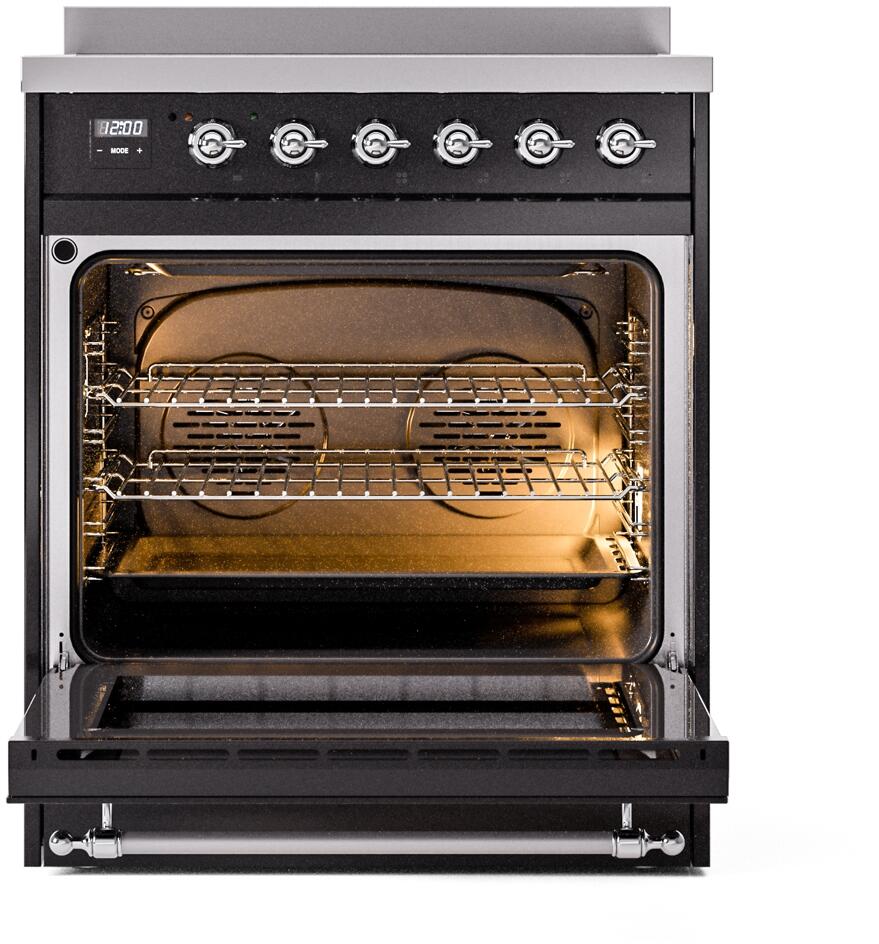Freestanding induction range with oven door open, showing interior racks and heating elements