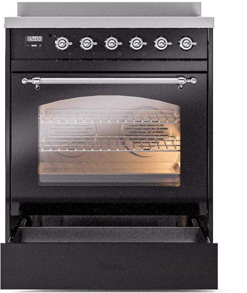 Freestanding induction range, glossy black front with chrome handle and oven window