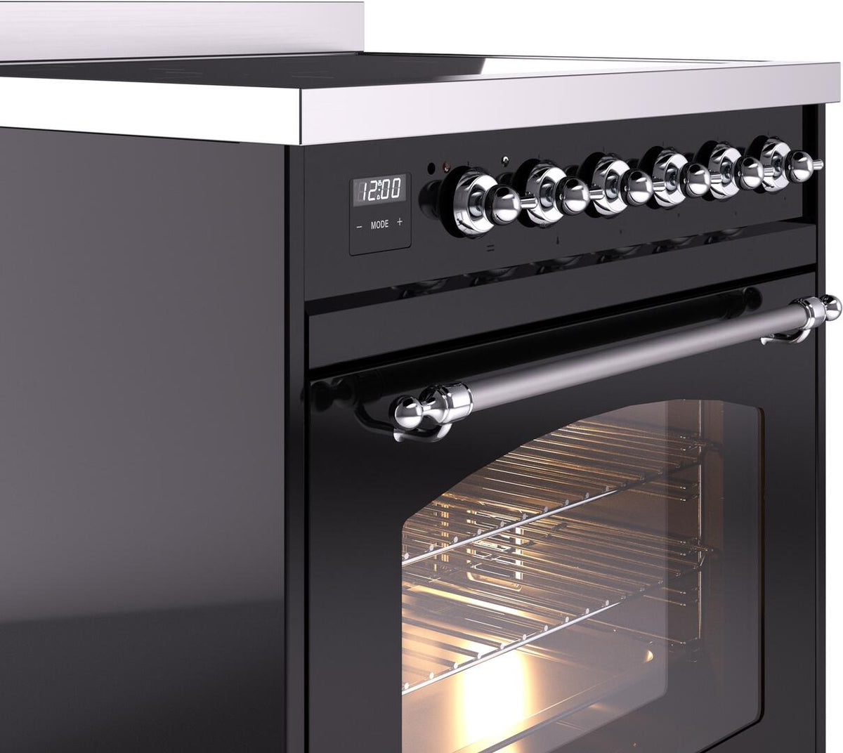 Freestanding induction range control panel close-up with chrome knobs and glossy black trim