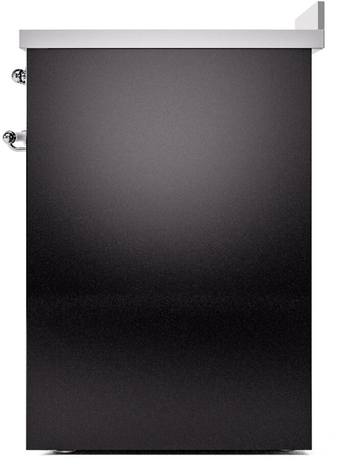 Glossy black side of a freestanding electric induction range with chrome door hardware